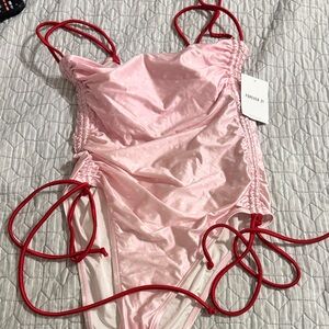 Forever 21 Pink Satin One-Piece Swimsuit with Red Straps